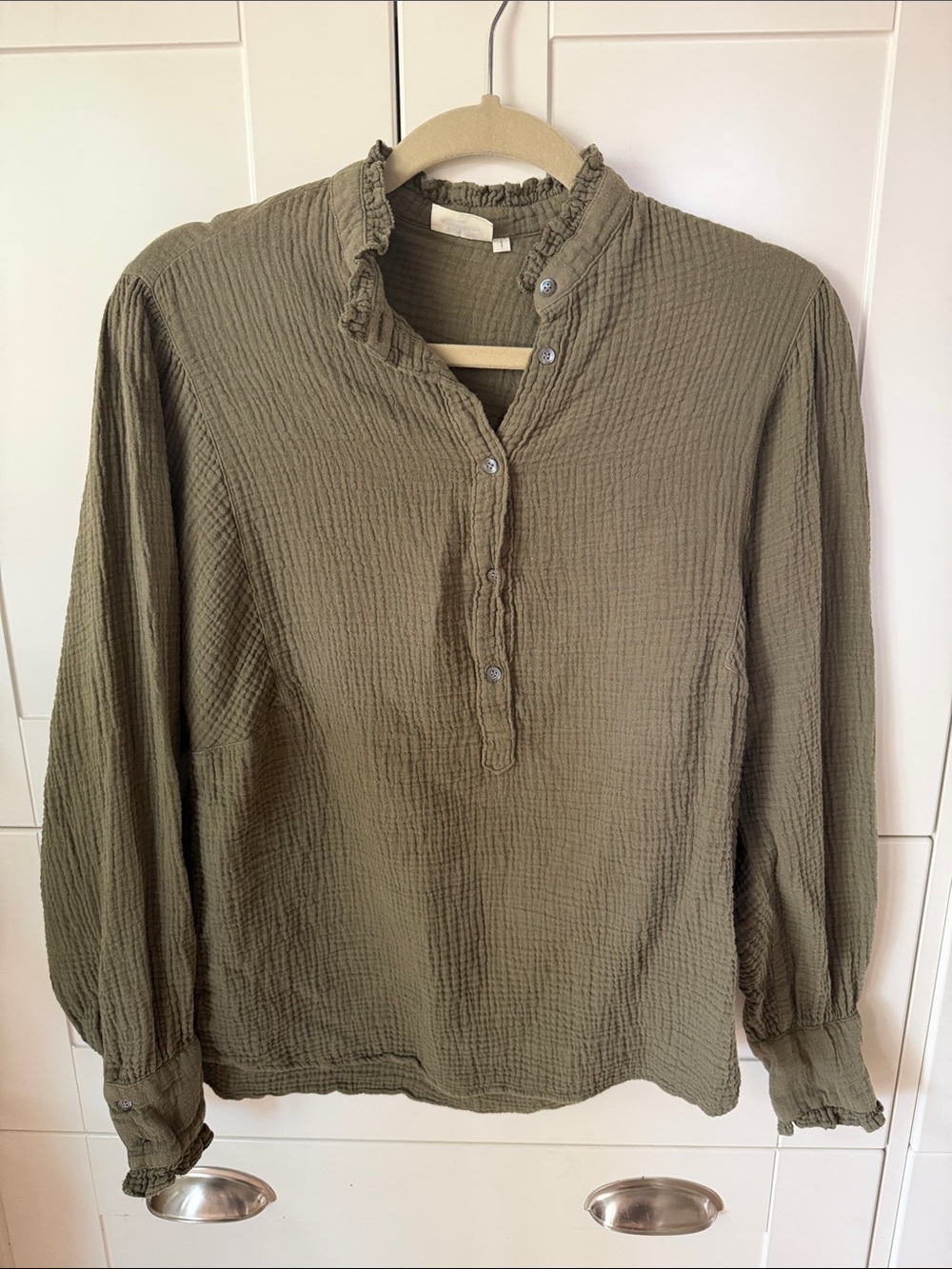 Hartford Olive Green Ruffle Henley Blouse